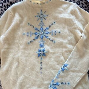 Carson Cream Sweater with Blue and Black Embroidery